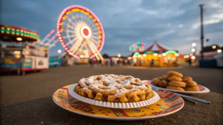Golden-brown funnel cake dusted with powdered sugar, served on a colorful plate at a carnival.