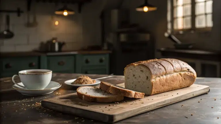 A loaf of bread divided into two uneven halves on a rustic board.
