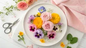 A collection of colorful edible flowers, including roses, pansies, and marigolds.