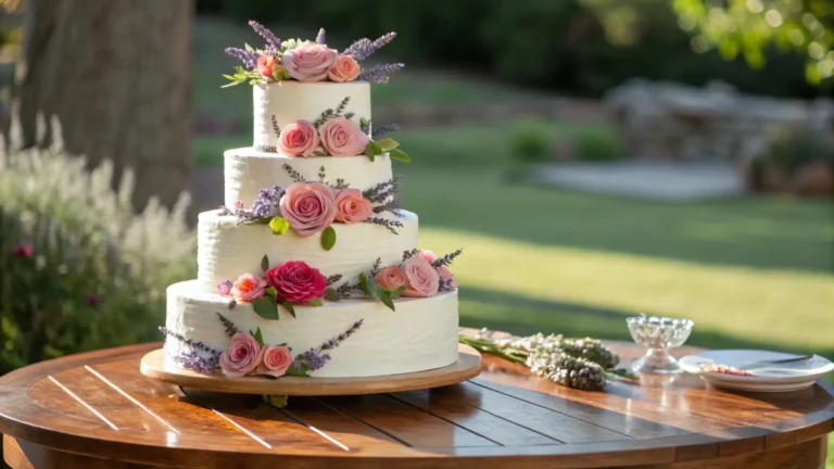 A stunning multi-tiered wedding cake decorated with edible roses and lavender.