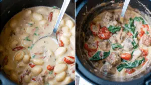 Slow cooker Tuscan chicken meatballs served with gnocchi, spinach, and Parmesan on a rustic table