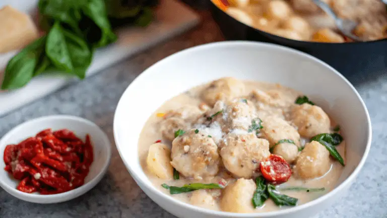 Slow cooker Tuscan chicken meatballs served with gnocchi, spinach, and Parmesan on a rustic table