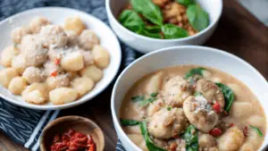 Slow cooker Tuscan chicken meatballs served with gnocchi, spinach, and Parmesan on a rustic table