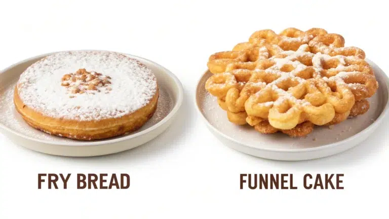 Golden fry bread drizzled with honey and powdered sugar on a rustic wooden platter.