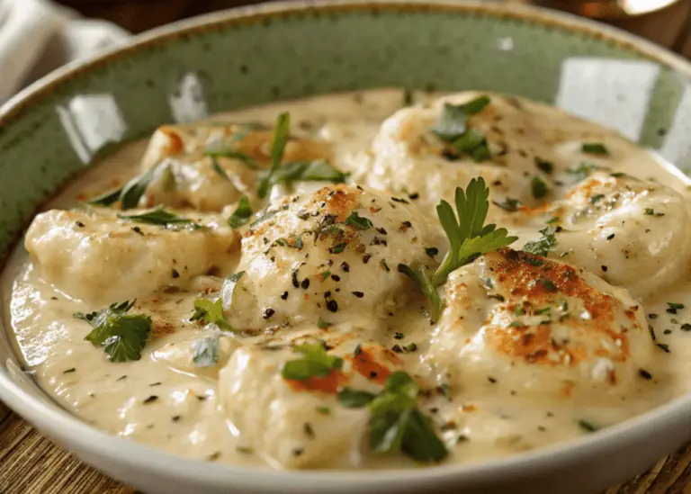 Bowl of Cracker Barrel chicken and dumplings with creamy broth and fresh parsley, served on a rustic wooden table.