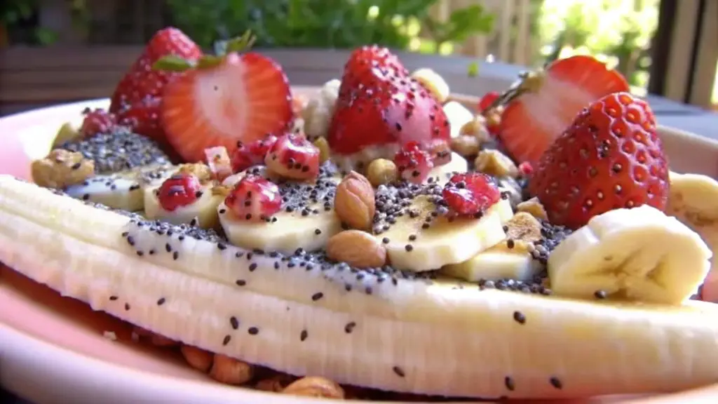 "A vintage ice cream parlor scene featuring a colorful banana split in a glass dish, topped with whipped cream, cherries, and sprinkles."