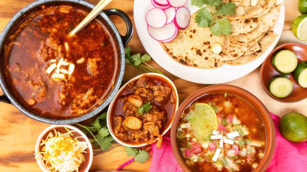 "A vibrant spread of Mexican pozole served in bowls, featuring rich red broth, hominy, and garnishes like shredded cheese, lime, and cilantro, accompanied by fresh tortillas, sliced radishes, and cucumber slices on a wooden table."