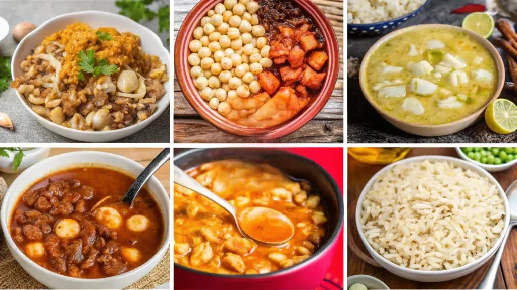 "A vibrant spread of Mexican pozole served in bowls, featuring rich red broth, hominy, and garnishes like shredded cheese, lime, and cilantro, accompanied by fresh tortillas, sliced radishes, and cucumber slices on a wooden table."