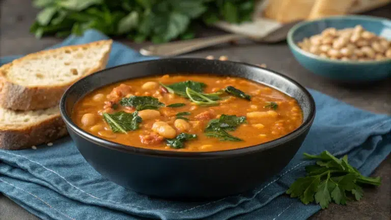 A bowl of hearty bean soup with a rich tomato-based broth, garnished with fresh greens, served on a blue cloth with slices of crusty bread on the side. A bowl of hearty bean soup with a rich tomato-based broth, garnished with fresh greens, served on a blue cloth with slices of crusty bread on the side.