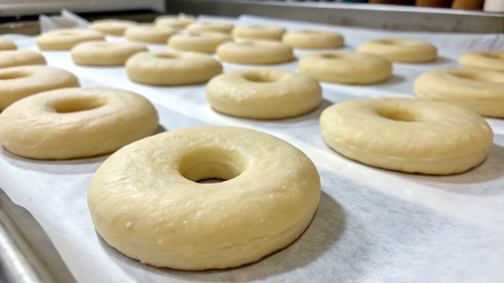 Four golden-brown cinnamon sugar donuts resting on a black cooling rack, lightly dusted with cinnamon sugar, with a soft and fluffy texture. A wooden tray and scattered sugar granules add a cozy background."
