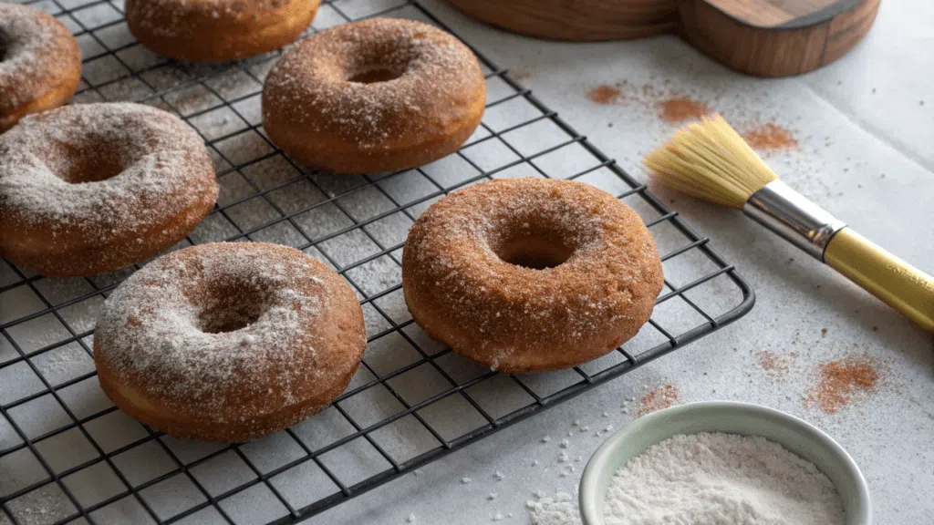 Four golden-brown cinnamon sugar donuts resting on a black cooling rack, lightly dusted with cinnamon sugar, with a soft and fluffy texture. A wooden tray and scattered sugar granules add a cozy background."