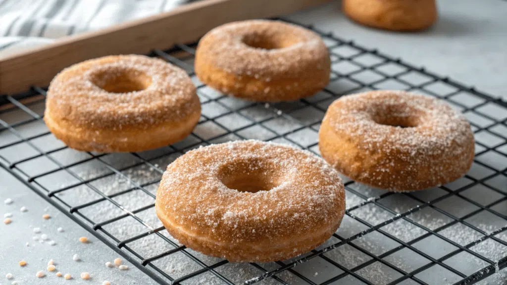 Four golden-brown cinnamon sugar donuts resting on a black cooling rack, lightly dusted with cinnamon sugar, with a soft and fluffy texture. A wooden tray and scattered sugar granules add a cozy background."