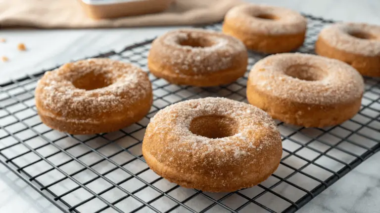 Four golden-brown cinnamon sugar donuts resting on a black cooling rack, lightly dusted with cinnamon sugar, with a soft and fluffy texture. A wooden tray and scattered sugar granules add a cozy background."