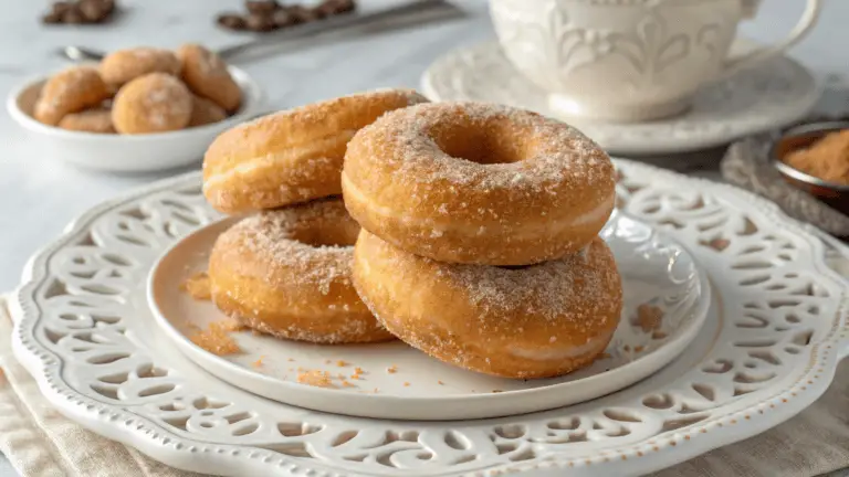 "Freshly fried cinnamon sugar donuts arranged on a wooden plate, coated in a sweet cinnamon-sugar blend with a steaming cup of coffee in the background."