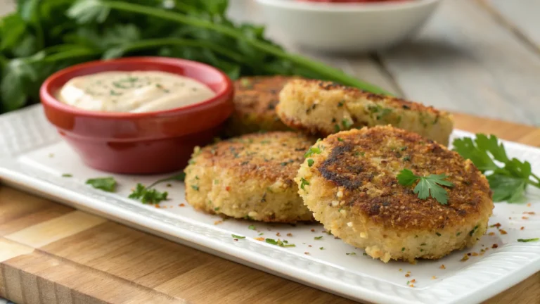 "Mini crab cakes arranged on a platter, golden brown and crispy, garnished with fresh parsley and lemon wedges, served alongside a creamy dipping sauce in a small bowl."