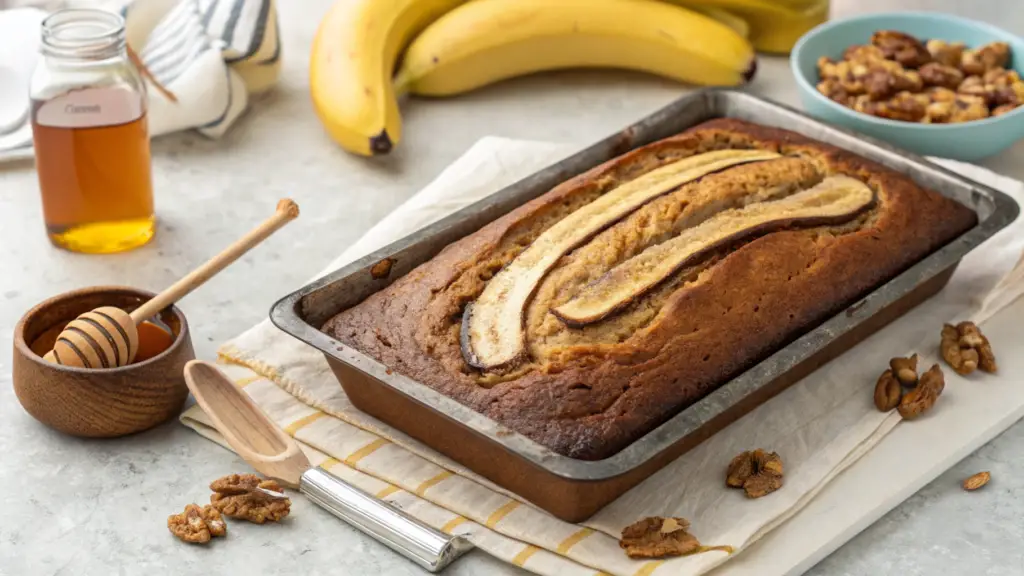 "Sliced banana bread loaf with a swirl pattern on a white cutting board, surrounded by walnuts, bananas, eggs, and a jar of honey on a light countertop."