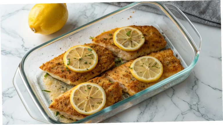 "Pan-seared tilapia filet garnished with a fresh lemon slice, served alongside vibrant steamed broccoli, cauliflower, and red bell peppers on a bright blue plate."