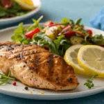 This image appears to feature a beautifully plated grilled salmon filet accompanied by a fresh salad and garnished with lemon slices. The presentation is bright and appetizing, making it look like a healthy and delicious meal. Is there something specific you'd like to know or discuss about this dish