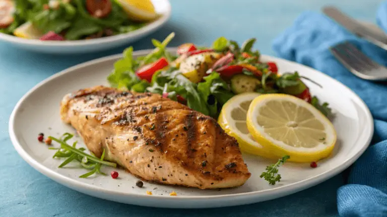 This image appears to feature a beautifully plated grilled salmon filet accompanied by a fresh salad and garnished with lemon slices. The presentation is bright and appetizing, making it look like a healthy and delicious meal. Is there something specific you'd like to know or discuss about this dish