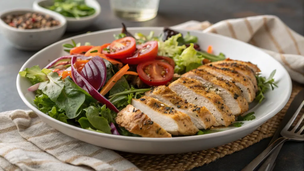 This image appears to feature a beautifully plated grilled salmon filet accompanied by a fresh salad and garnished with lemon slices. The presentation is bright and appetizing, making it look like a healthy and delicious meal. Is there something specific you'd like to know or discuss about this dish