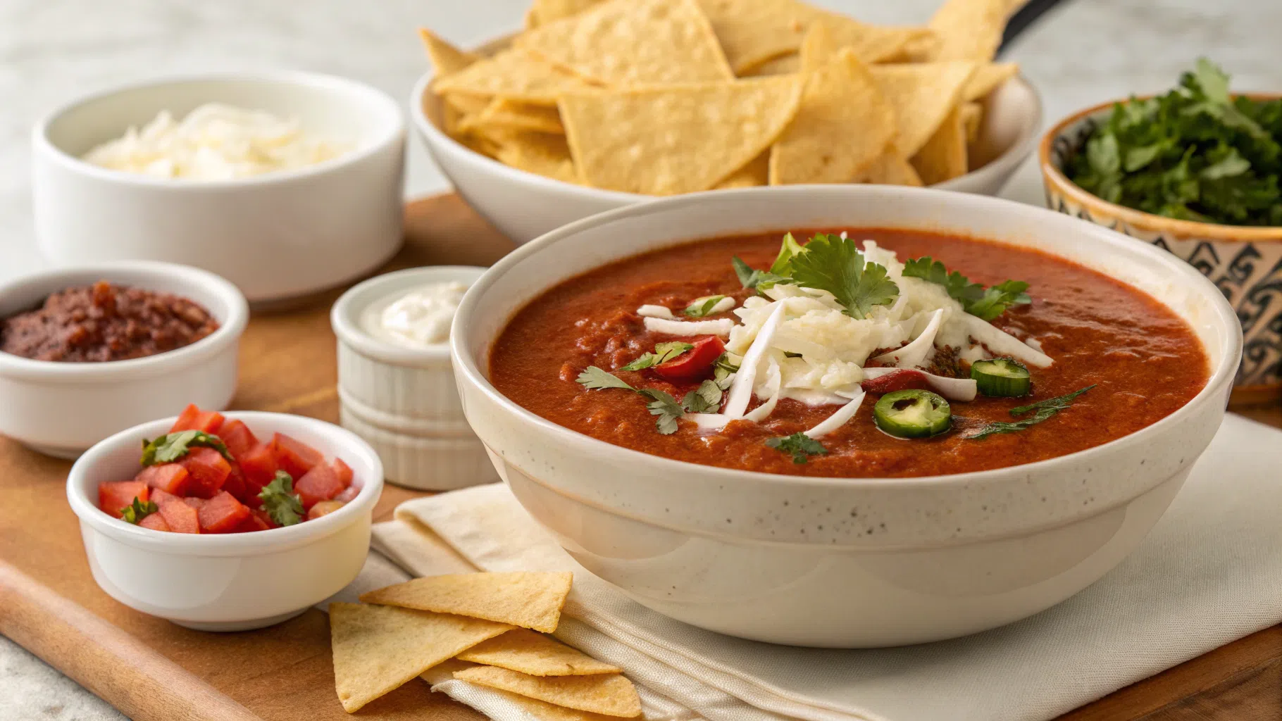 "A bowl of rich, red pozole garnished with shredded cheese, fresh cilantro, sliced jalapeños, and served alongside tortilla chips, diced tomatoes, sour cream, and salsa on a wooden tray."