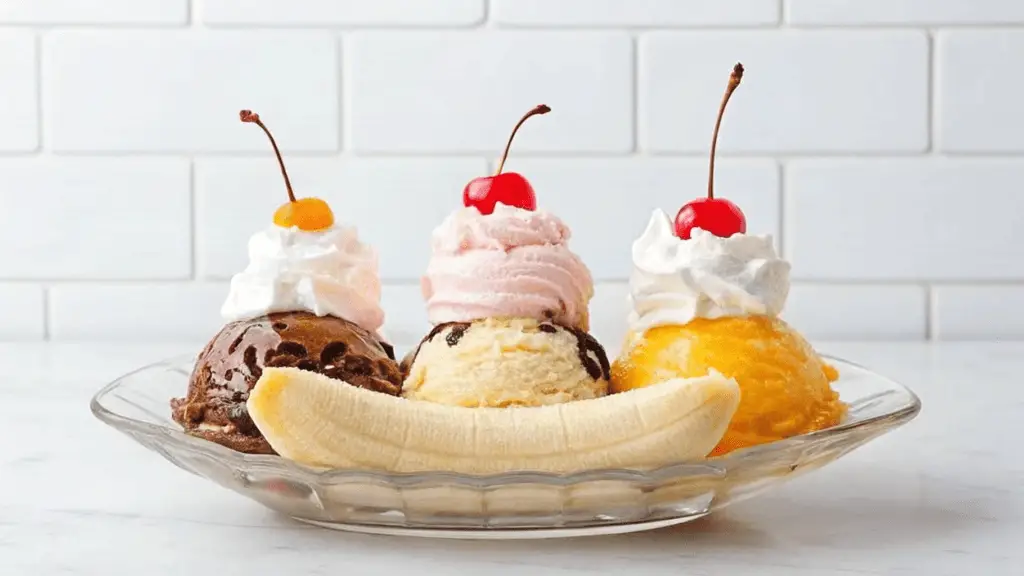 "A classic banana split served in a glass dish with scoops of chocolate, vanilla, and strawberry ice cream, each topped with whipped cream and cherries, with a fresh banana split lengthwise underneath."Banana Split vs Banana Royale: Key Differences Explained