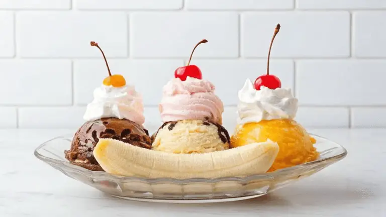 "A classic banana split served in a glass dish with scoops of chocolate, vanilla, and strawberry ice cream, each topped with whipped cream and cherries, with a fresh banana split lengthwise underneath."Banana Split vs Banana Royale: Key Differences Explained