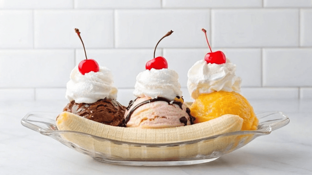 "A classic banana split served in a glass dish with scoops of chocolate, vanilla, and strawberry ice cream, each topped with whipped cream and cherries, with a fresh banana split lengthwise underneath."