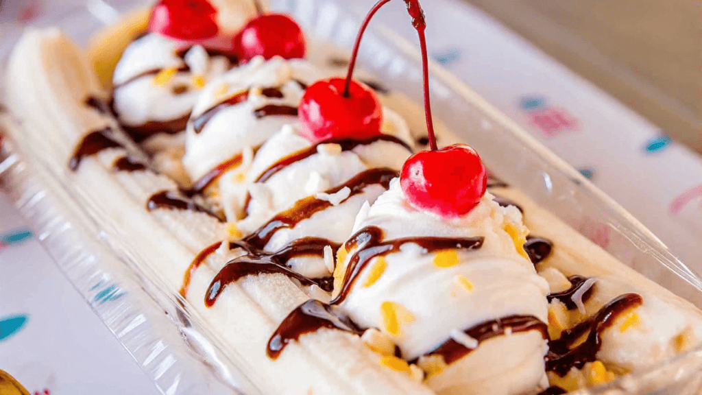 "A classic banana split served in a glass dish with scoops of chocolate, vanilla, and strawberry ice cream, each topped with whipped cream and cherries, with a fresh banana split lengthwise underneath."