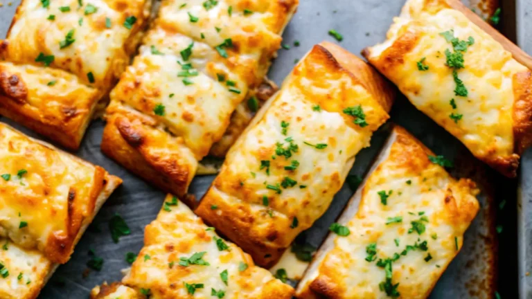 "Golden-brown cheesy garlic bread slices topped with melted cheese and parsley on a wooden cutting board with a side of marinara sauce."