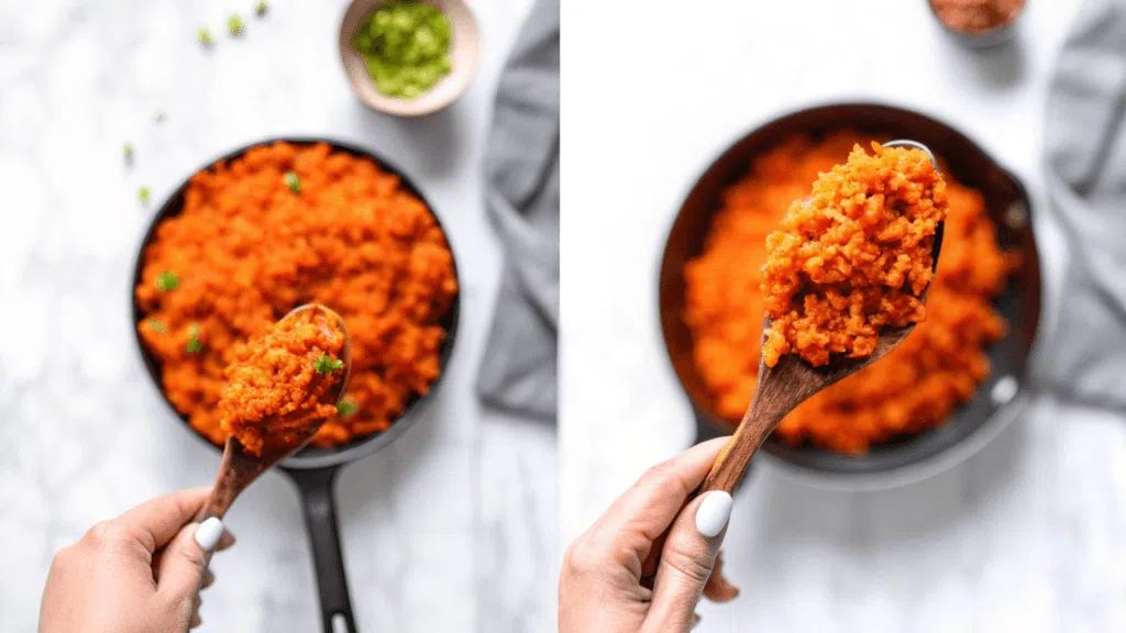 "Toasting long-grain white rice in a pan with oil, garlic, and onions for a rich, nutty flavor, the first step in making easy Mexican rice."