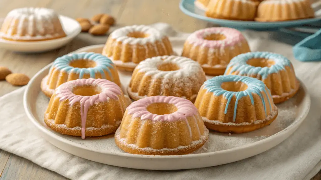 "Close-up of beautifully glazed mini Bundt cakes arranged on a white serving platter, garnished with powdered sugar and fresh berries."