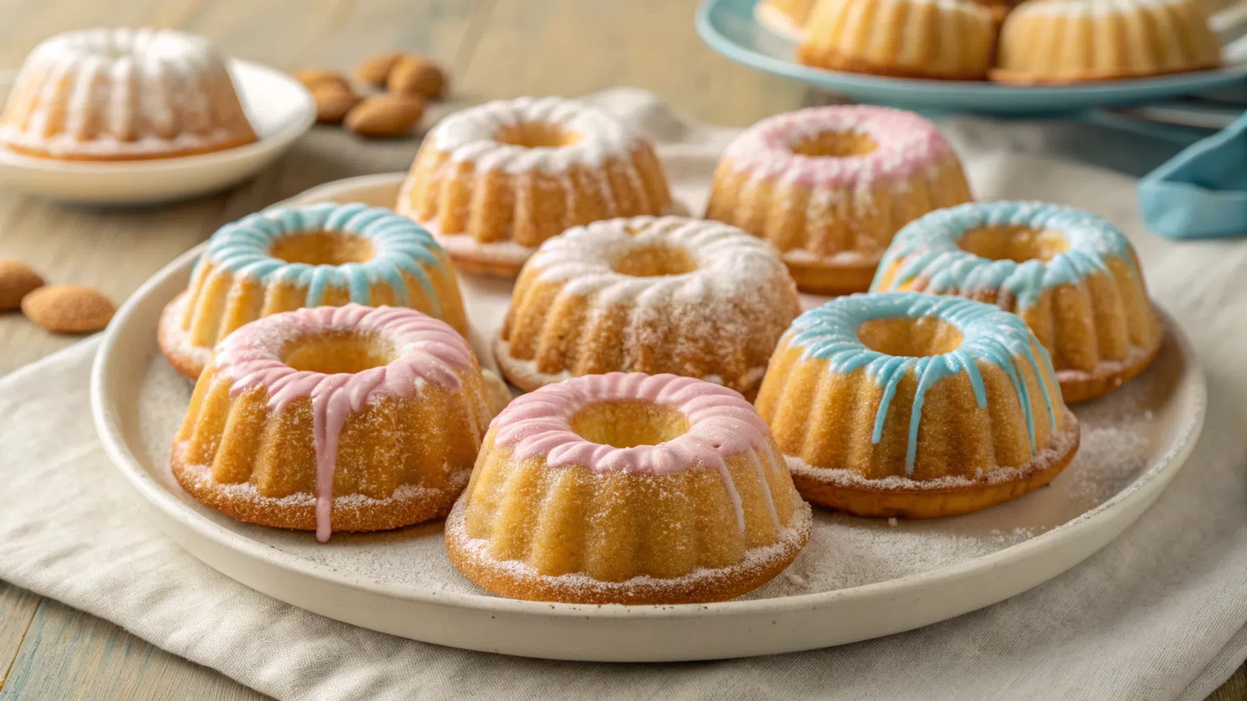 "Close-up of beautifully glazed mini Bundt cakes arranged on a white serving platter, garnished with powdered sugar and fresh berries."