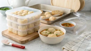 : Biscuit dumplings stored in an airtight container with reheated ones in a bowl.