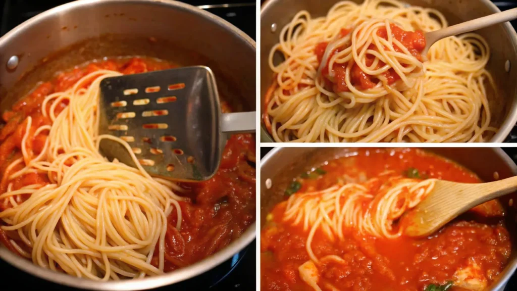 "A plate of spaghetti in tomato basil sauce garnished with fresh basil leaves and Parmesan cheese, served on a rustic wooden table with tomatoes, garlic, and olive oil in the background."