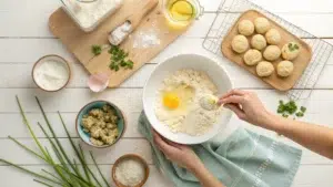 Hands mixing biscuit dumpling dough in a bowl with ingredients around.
