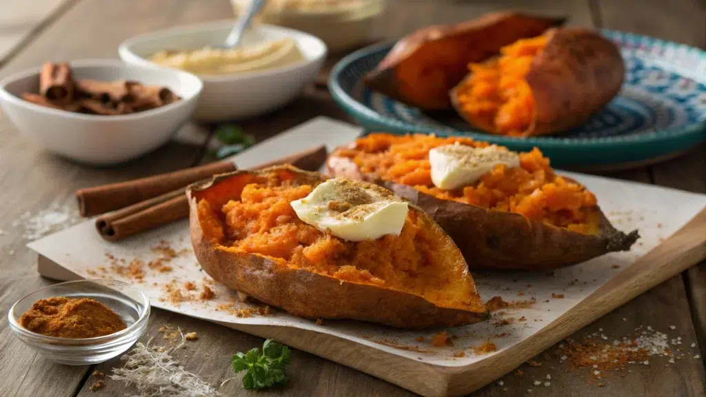 Comparison of boiled and baked sweet potatoes cut open, showing textures.