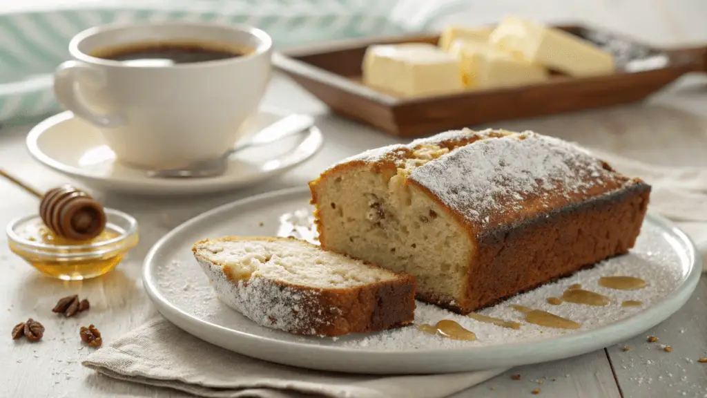 Alt Text: A soft, fluffy slice of banana bread on a dessert plate, drizzled with honey and sprinkled with powdered sugar, with a cup of coffee in the background.