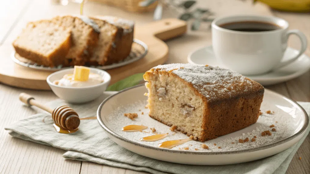 Alt Text: A soft, fluffy slice of banana bread on a dessert plate, drizzled with honey and sprinkled with powdered sugar, with a cup of coffee in the background.