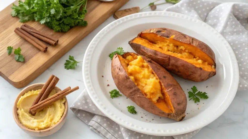 Comparison of boiled and baked sweet potatoes cut open, showing textures.