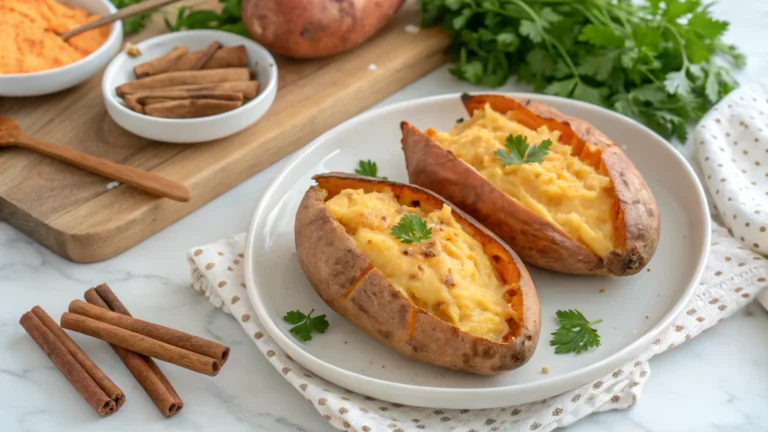 Comparison of boiled and baked sweet potatoes cut open, showing textures.