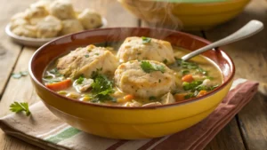 Biscuit dumplings stored in an airtight container with reheated ones in a bowl.