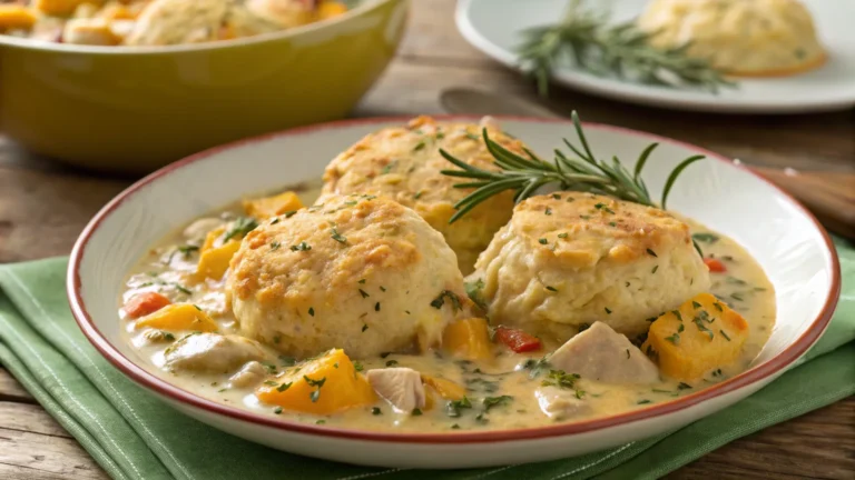 Chicken and biscuit dumplings in a rustic bowl, garnished with parsley.
