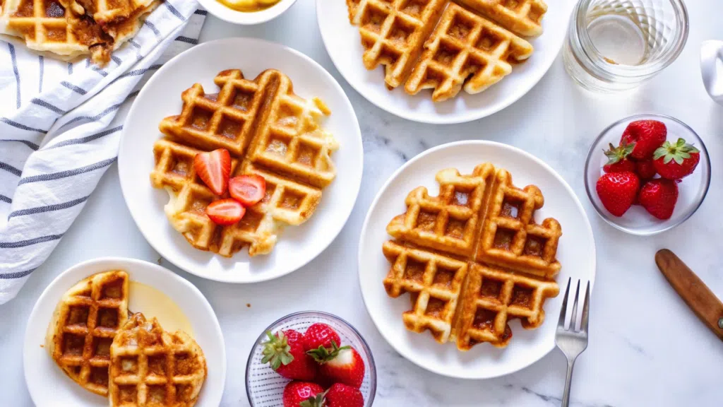 Golden brown Belgian waffles with deep pockets, drizzled with maple syrup, topped with a pat of butter, and lightly dusted with powdered sugar on a white plate.