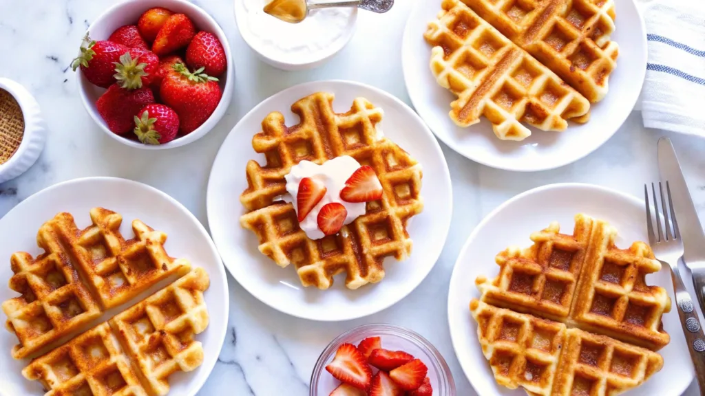 Golden brown Belgian waffles with deep pockets, drizzled with maple syrup, topped with a pat of butter, and lightly dusted with powdered sugar on a white plate.