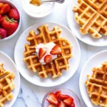 Golden brown Belgian waffles with deep pockets, drizzled with maple syrup, topped with a pat of butter, and lightly dusted with powdered sugar on a white plate.