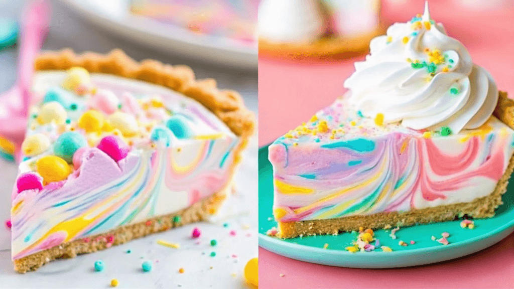 A slice of Easter Swirl Pie on a beige plate, featuring a creamy white filling with a graham cracker crust, topped with pastel-colored whipped cream swirls and festive sprinkles. In the background, the full pie and additional slices are visible, along with a soft blue napkin and scattered sprinkles for a festive touch.