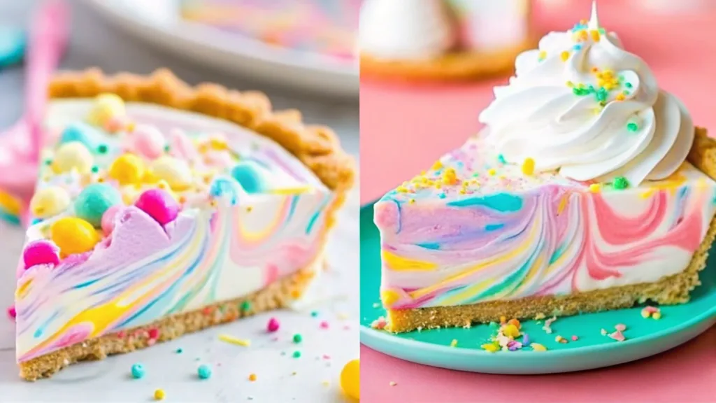 A slice of Easter Swirl Pie on a beige plate, featuring a creamy white filling with a graham cracker crust, topped with pastel-colored whipped cream swirls and festive sprinkles. In the background, the full pie and additional slices are visible, along with a soft blue napkin and scattered sprinkles for a festive touch.