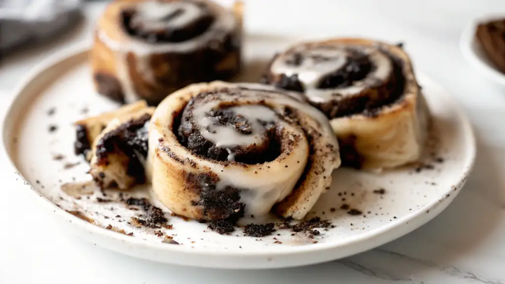 Close-up of freshly baked Oreo Stuffed Cinnamon Rolls with a golden-brown exterior, swirled with crushed Oreo cookies, and drizzled with a smooth, creamy glaze. The rolls have a soft, fluffy texture with a rich cookies-and-cream filling.