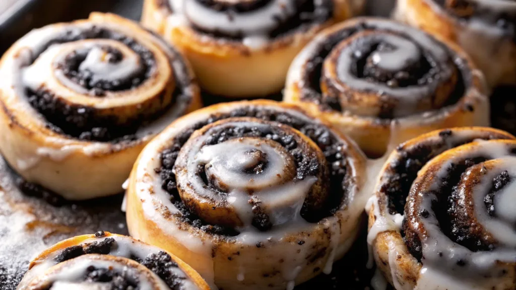 Close-up of freshly baked Oreo Stuffed Cinnamon Rolls with a golden-brown exterior, swirled with crushed Oreo cookies, and drizzled with a smooth, creamy glaze. The rolls have a soft, fluffy texture with a rich cookies-and-cream filling.